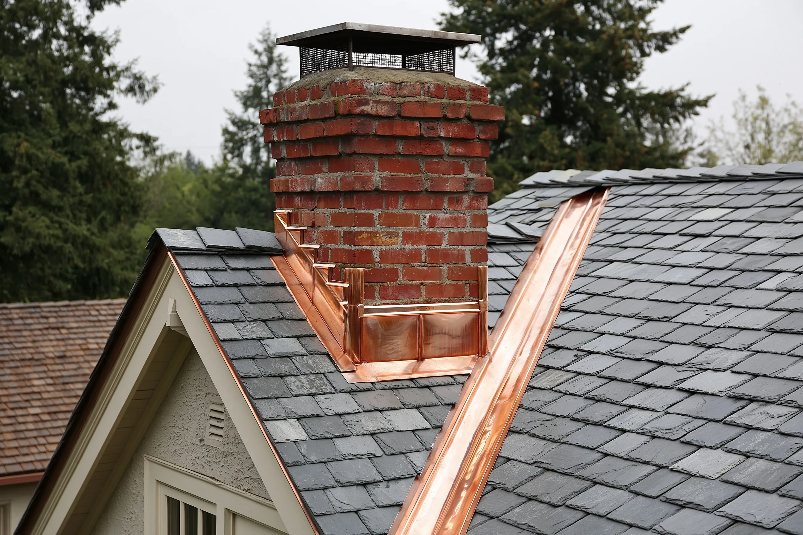 Brick chimney on a gray slate roof with bright new copper step and counter flashing and a new copper valley beside it