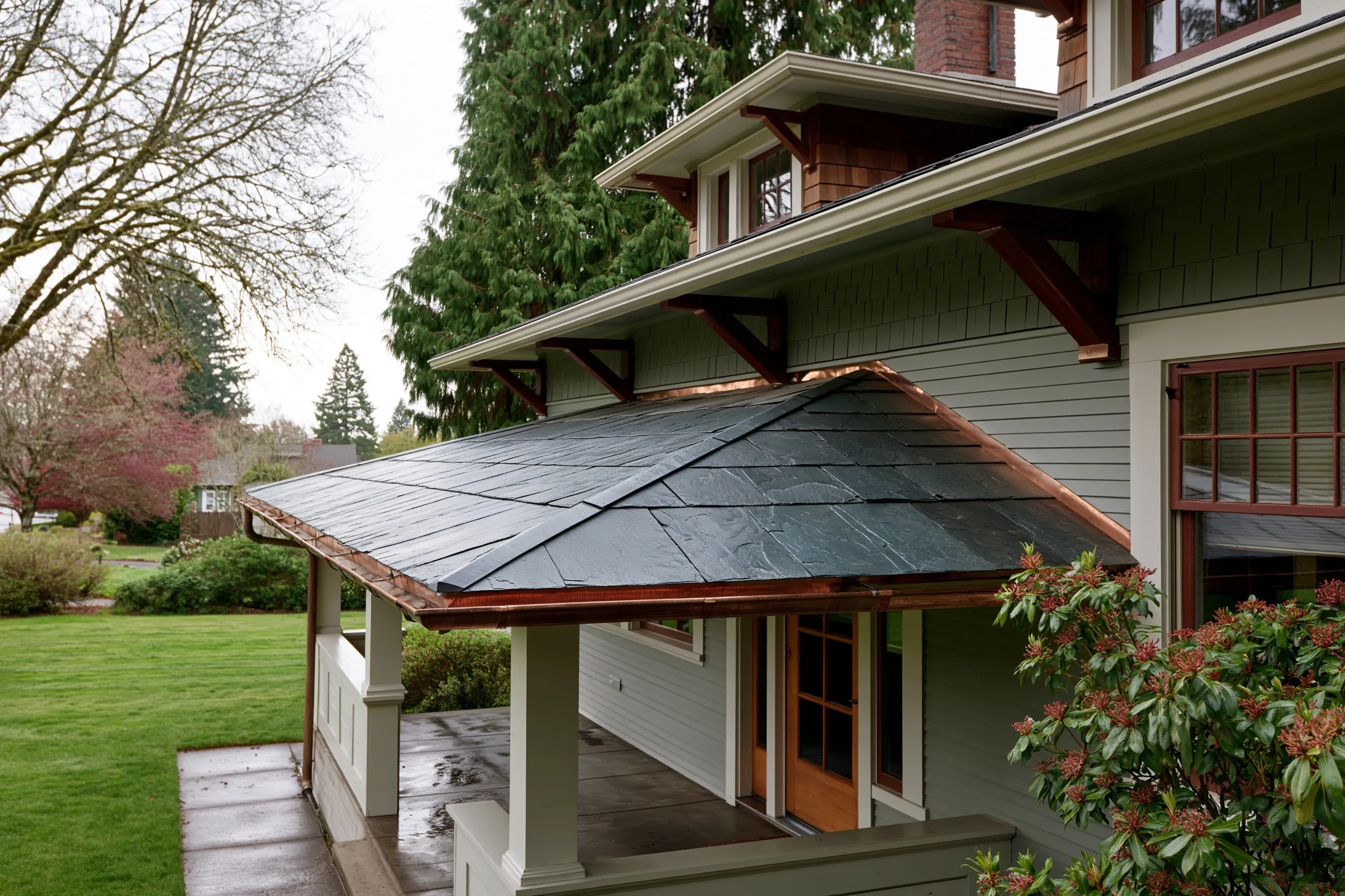 Low hipped slate roof over the front porch of a craftsman house, with copper flashing at the wall and a copper gutter