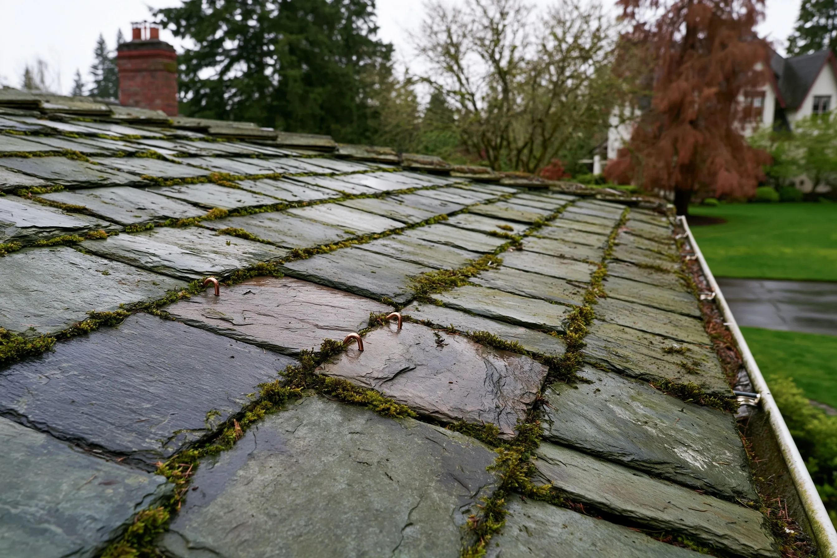 Close view of a weathered, mossy slate roof with replacement slates held by copper hooks, a brick chimney behind