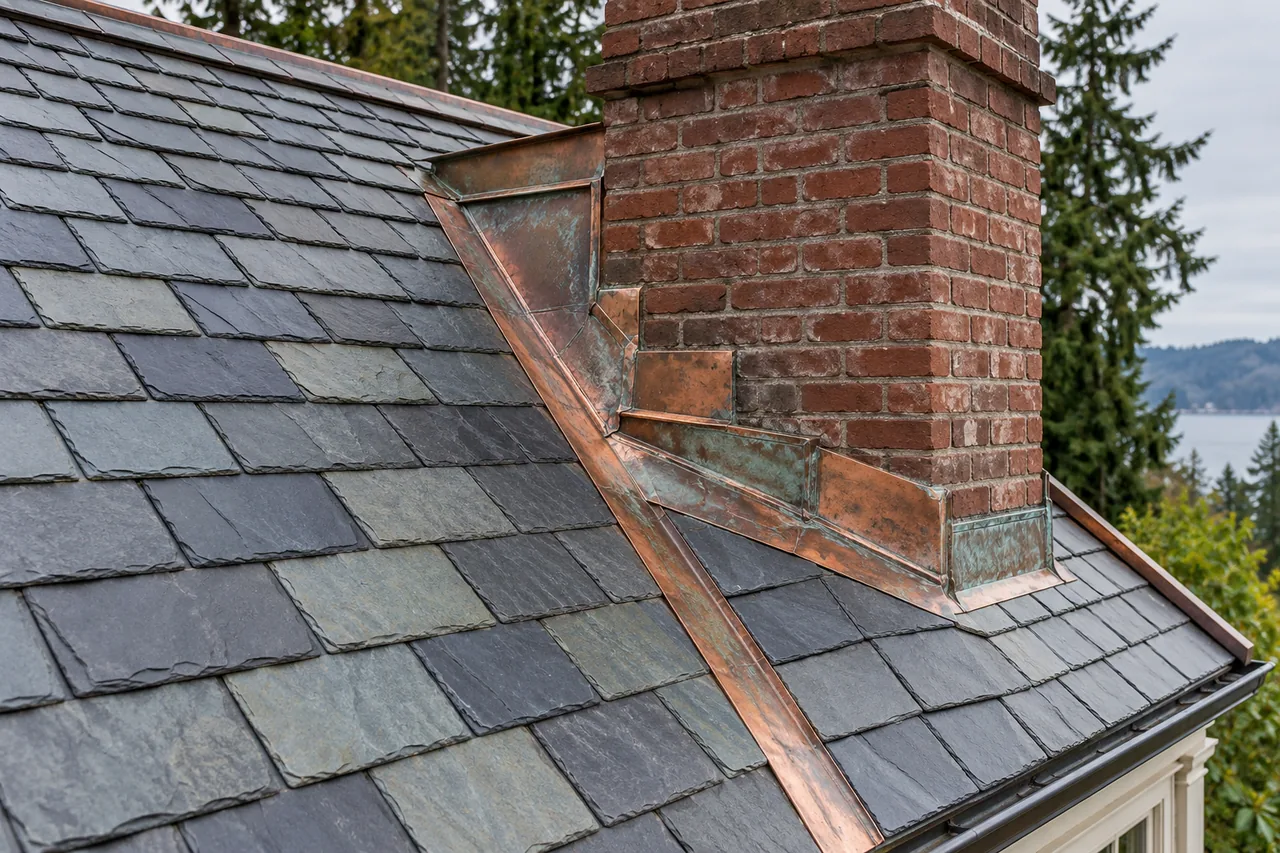 Blue-gray natural slate surrounding a brick chimney with weathered copper flashing and a copper-lined valley.